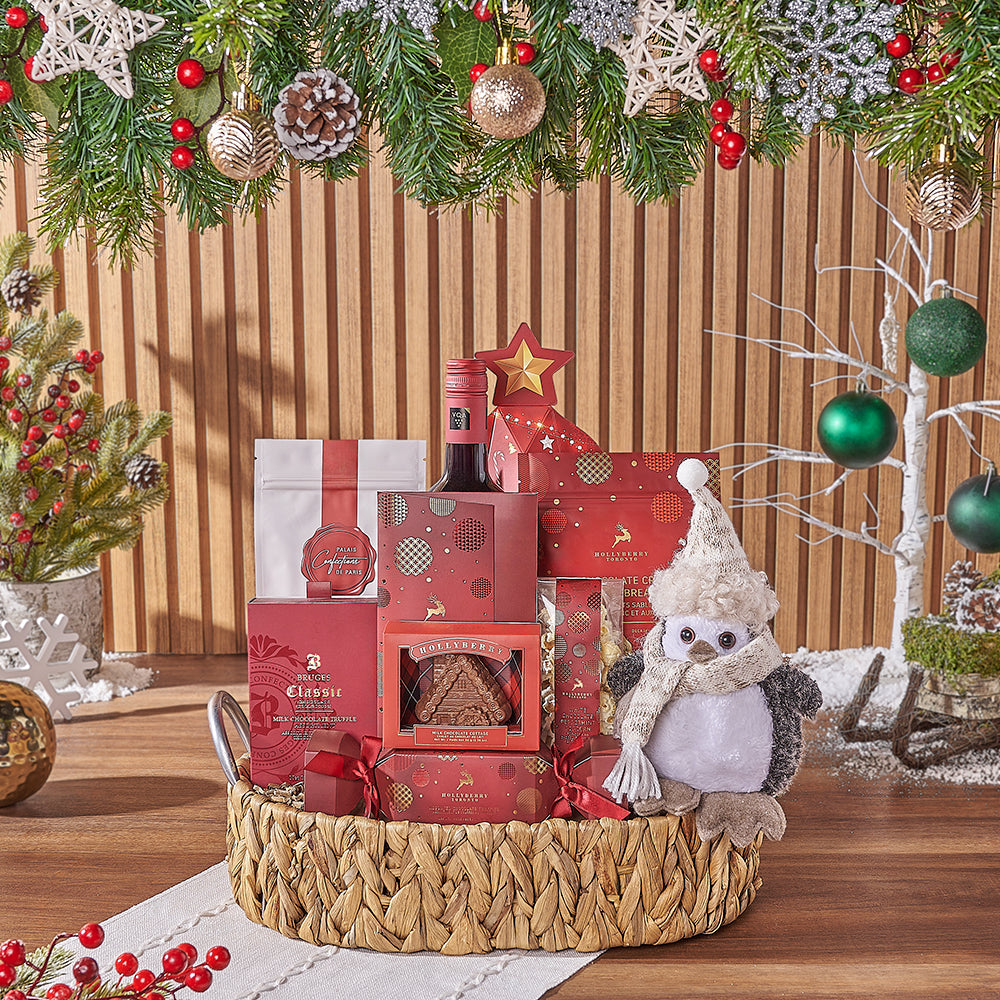 Wine and Premium Holiday Chocolate Basket – how the gift is presented