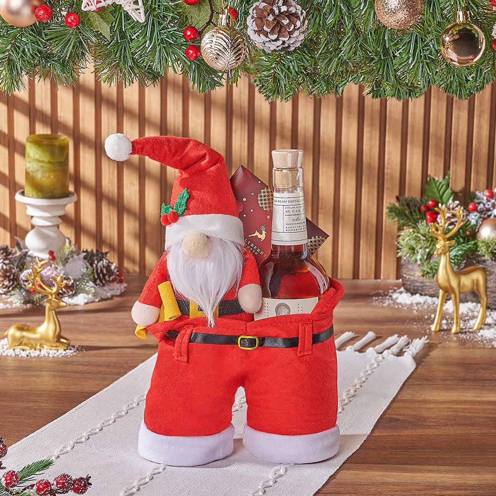 Liquor Holiday Basket with Plush Santa – how the gift is presented