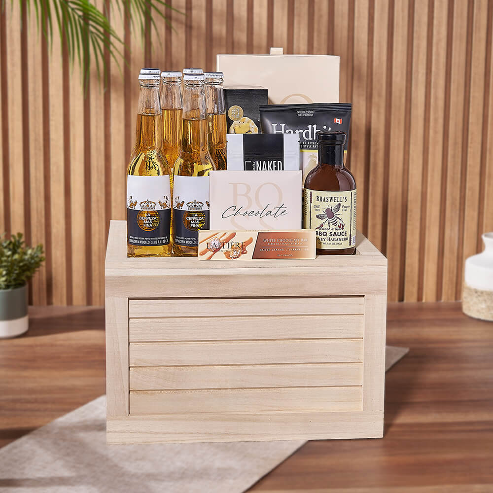 Assorted Beer and Treats Crate – how the gift is presented