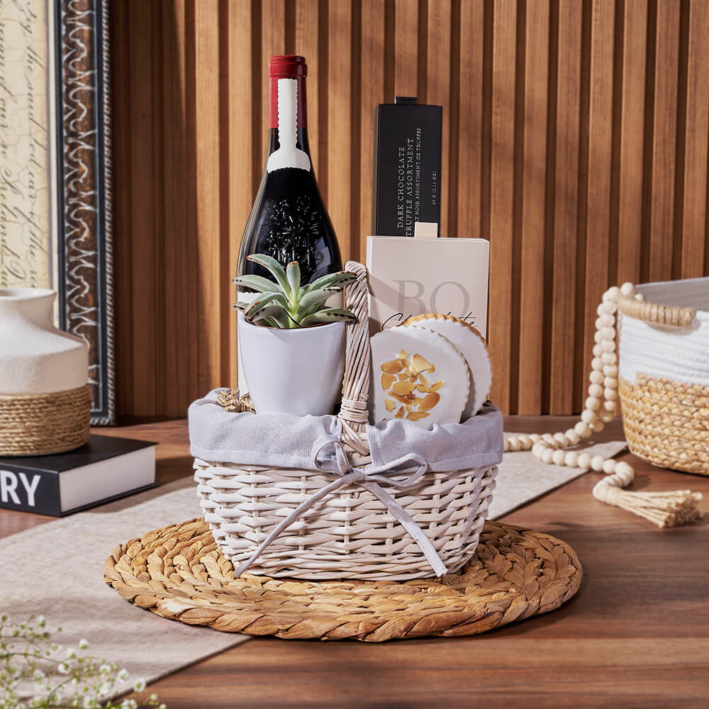 Sweet Succulent &amp; Wine Gift Basket, wine gift, wine, chocolate gift, chocolate, plant gift, plant, Philadelphia Delivery