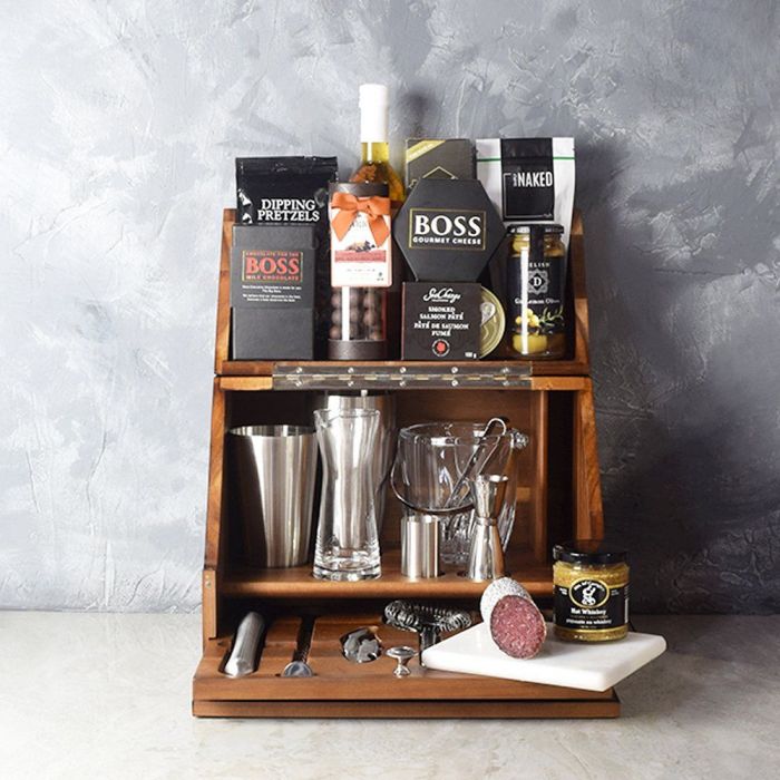 Acacia Wood Tabletop Bar Gift Basket – how the gift is presented