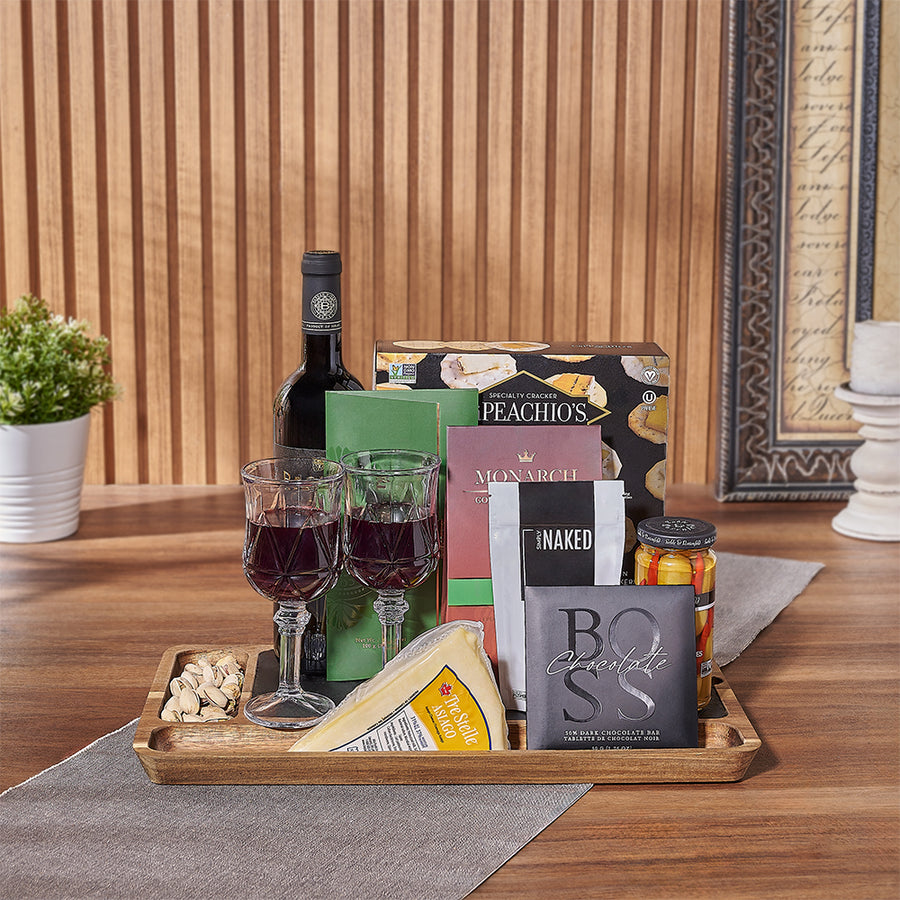 The Big Celebration Kosher Set, kosher gift, kosher wine, crackers, chocolate, nuts, olives, cheese, glasses, board, Philadelphia Delivery