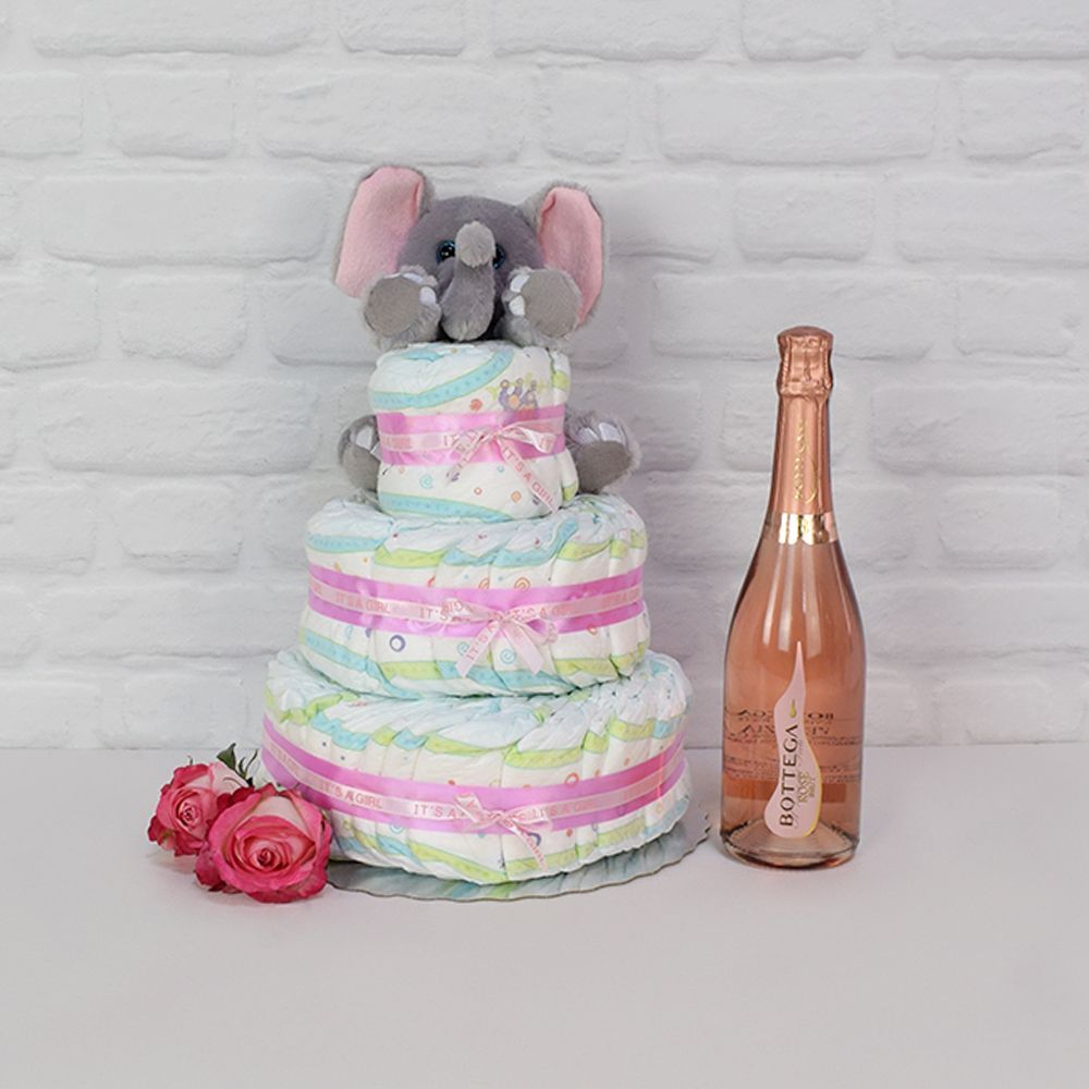 Three-Tier Diaper Cake with Champagne Gift – gift basket with perfectly plush floppy friend elephant, diaper cake and bottle of champagne
