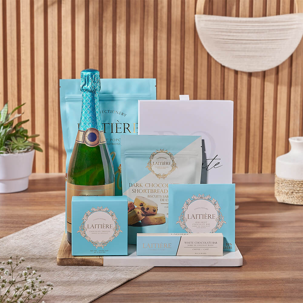 Sparkling Wine Chocolate Treat Gift Basket – how the gift is presented
