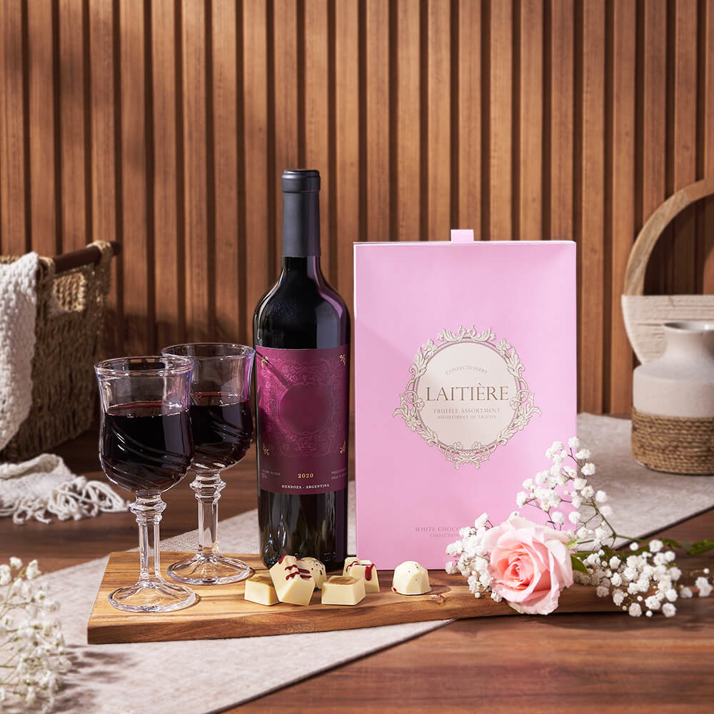 Uptown Wine &amp; Chocolate Gift Basket, wine gift, wine, chocolate gift, chocolate, rose gift, rose, Philadelphia Delivery