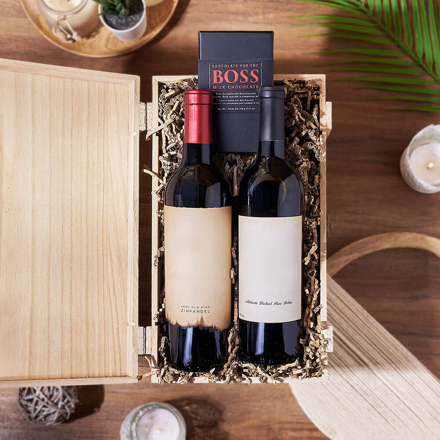 Vintage Wine Duo Gift Crate, wine gift, wine, chocolate gift, chocolate, Philadelphia Delivery