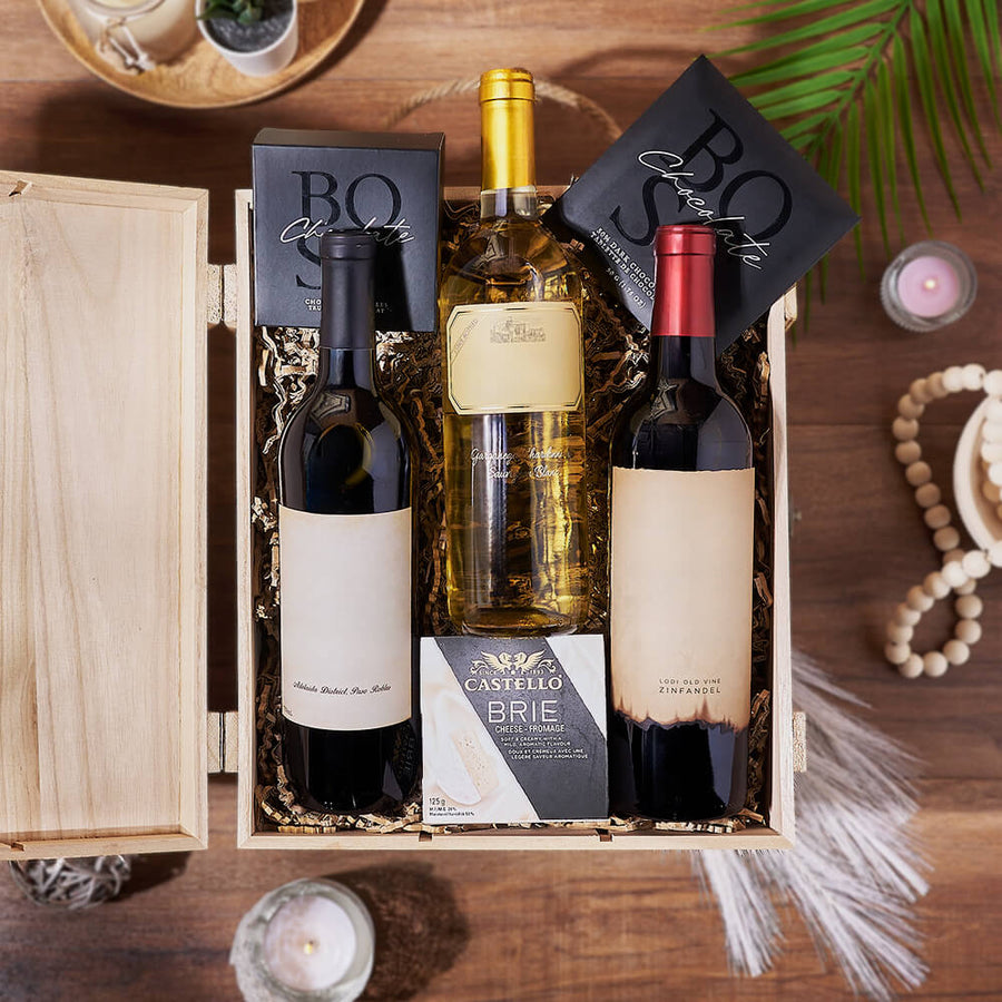 Wine Trio Pairing Gift, wine gift, wine, chocolate gift, chocolate, cheese gift, cheese, Philadelphia Delivery