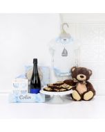 THE BABY BOY & TEDDY GIFT BASKET WITH CHAMPAGNE, baby girl gift basket, welcome home baby gifts, new parent gifts
